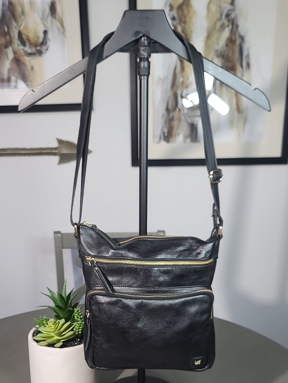 Wise Owl Black Leather Crossbody Bag with Gold Zippers